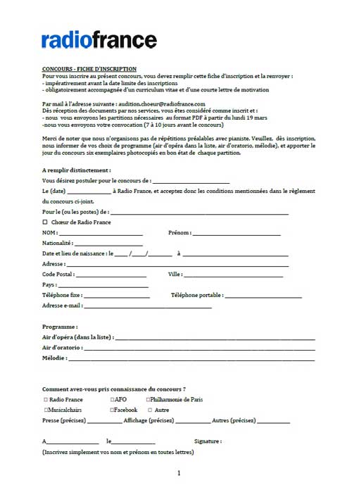 radiofranceフランス国営ラジオ局の合唱団員募集の申込書 