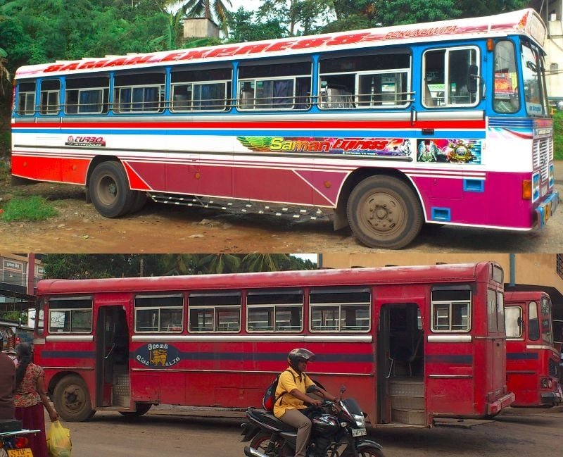 シティバスの画像　上が民間バスの例、下が公営（SLTB）バス　車内はほこりや砂ごみがたくさん落ちています。運転は乱暴ですからご注意を。シティバスは現地製（Lanka Ashock Layland社やTata社製）だが、エンジン用のターボチャージャーは日本製（日野自動車）らしく、"HINO TURBO"と書かれたバスもよく見かけた。エアコンはついていないので、ご覧の通り窓は全開。